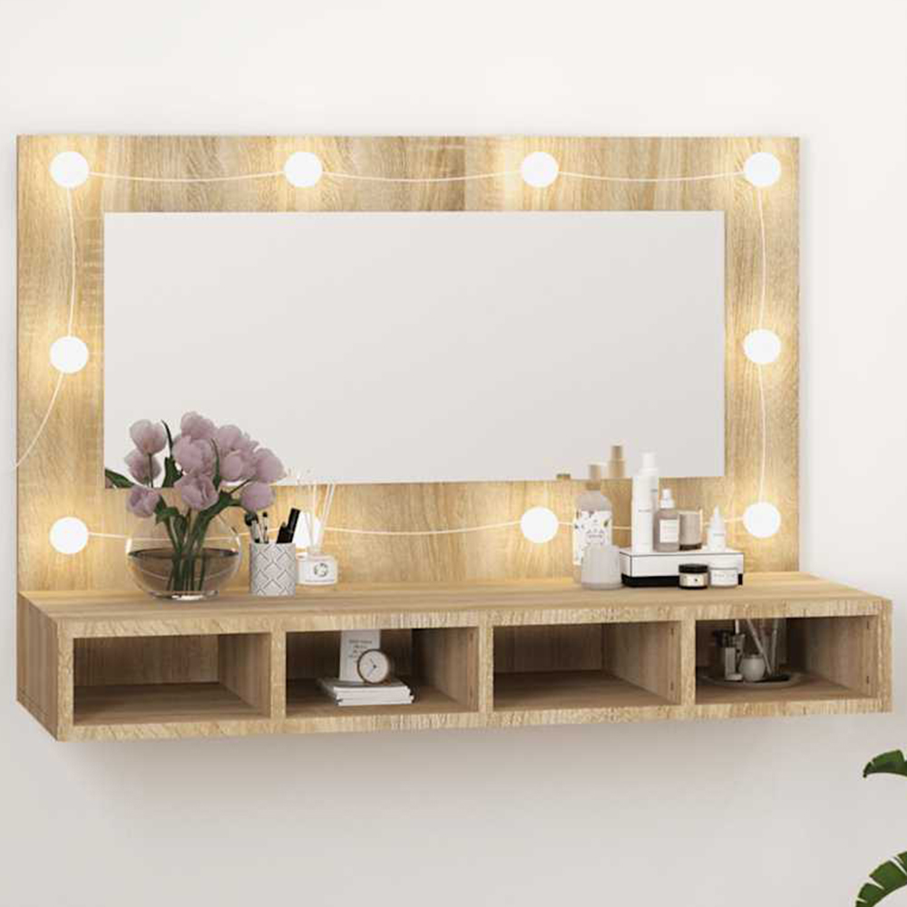 vidaXL 4 Open Shelf Sonoma Oak LED Mirror Wall Mounted Bathroom Cabinet Image 1