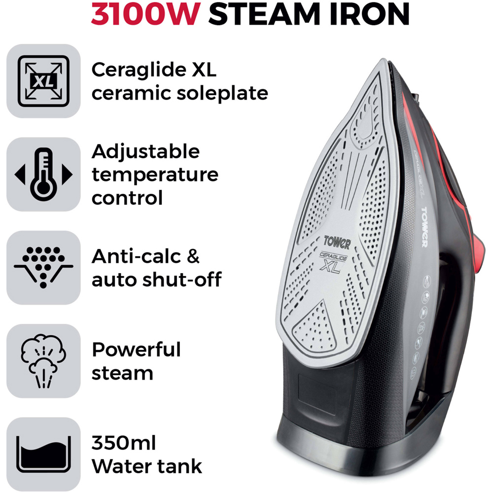 Tower Red and Black Steam Iron with Extra Large Sole Plate 3100W Image 3