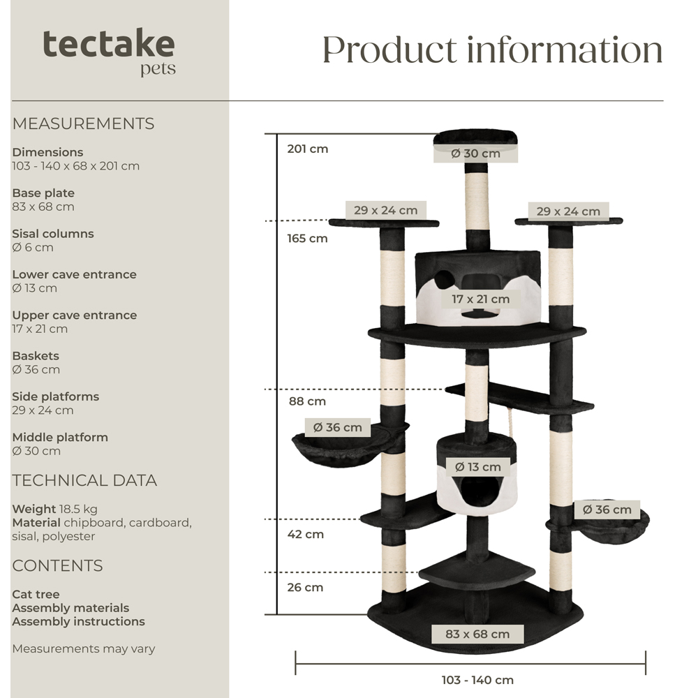 tectake Fippi Black and White Cat Tree with Scratching Post 201cm Image 9
