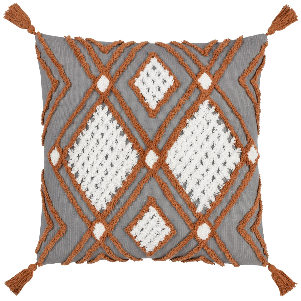 furn. Aquene Charcoal and Brick Tufted Tasselled Cushion Image 1