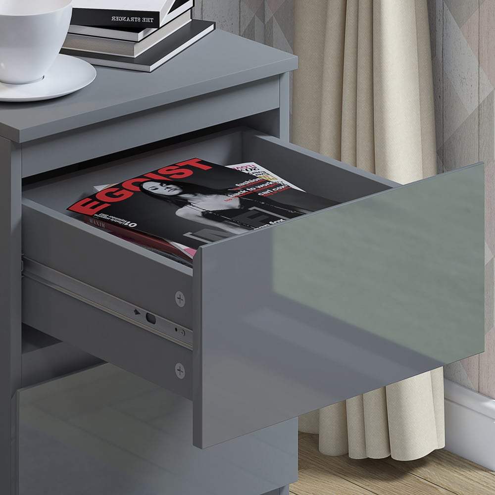 FWStyle Stora 2 Drawer Grey Gloss Bedside Table Image 3