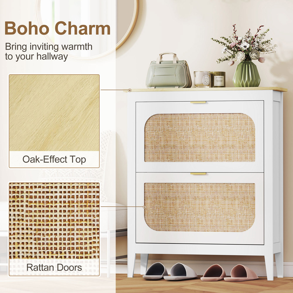 HOMCOM Boho 14 Pair White Rattan Slim Shoe Cabinet Image 5