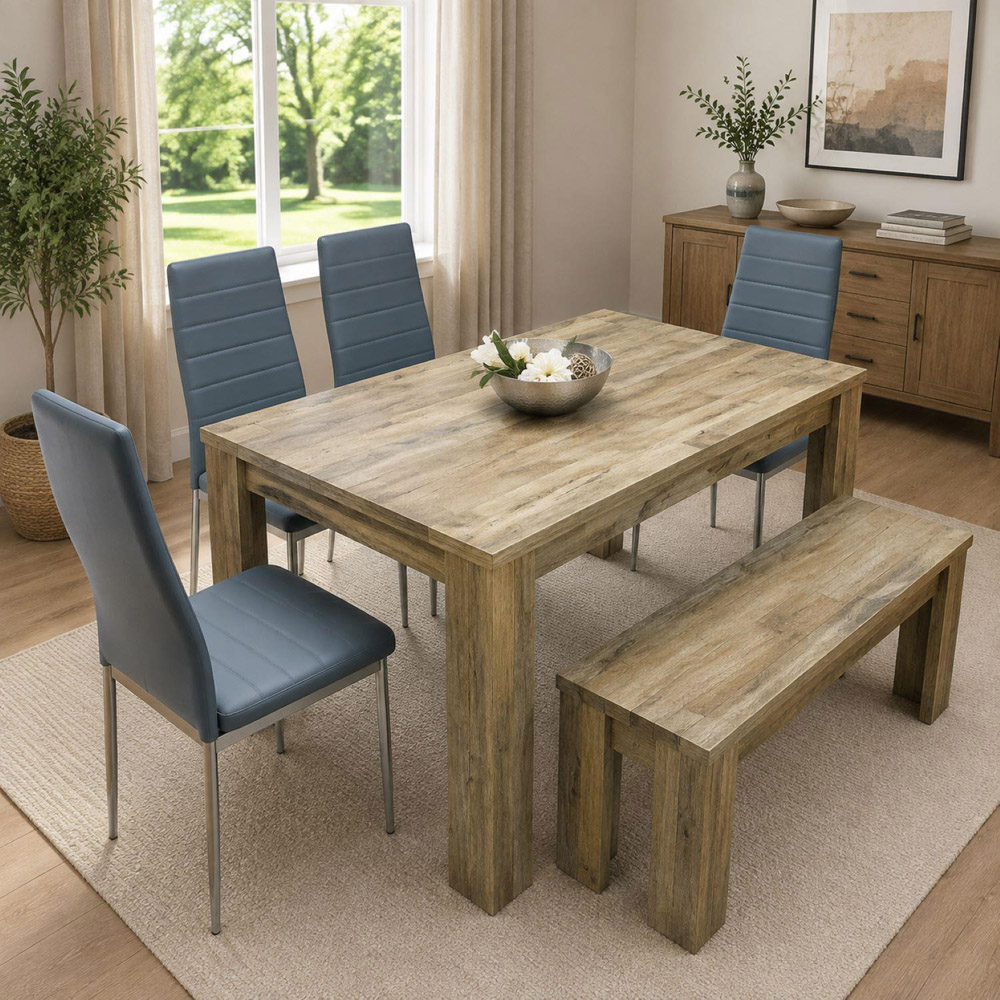 Kosy Koala 6 Seater Faux Leather Dining Bench Set Rustic Effect and Grey Image 1