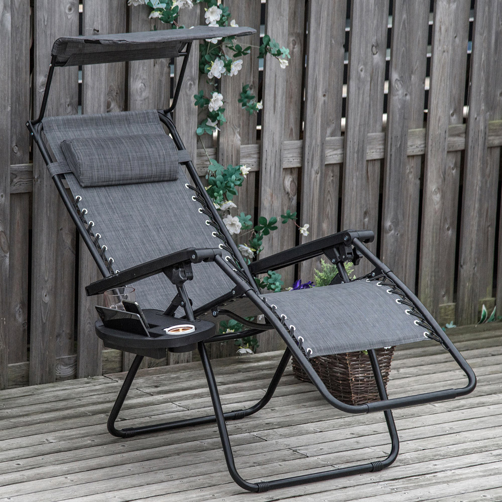 Outsunny Grey Zero Gravity Foldable Garden Recliner Chair with Canopy Image 1