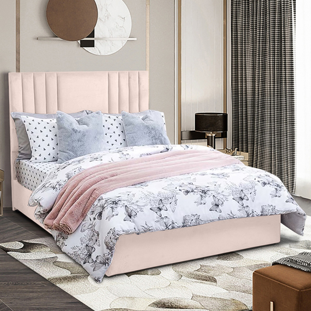 Eleganza Home Dreamer King Size Blush Plush Divan Bed with Lined Headboard Image 1