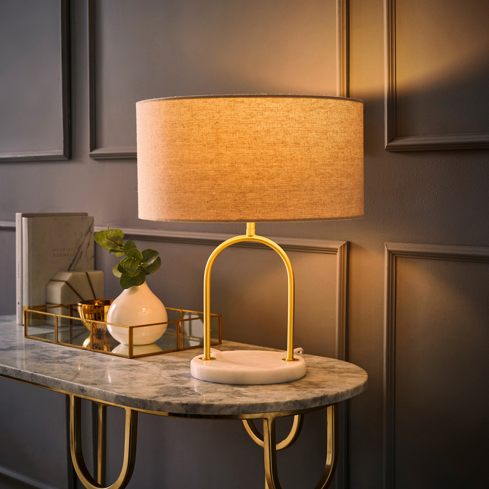 ValueLights Rachel Natural Lamp Shade Brushed Gold Arch Marble Base LED Table Lamp Image 6