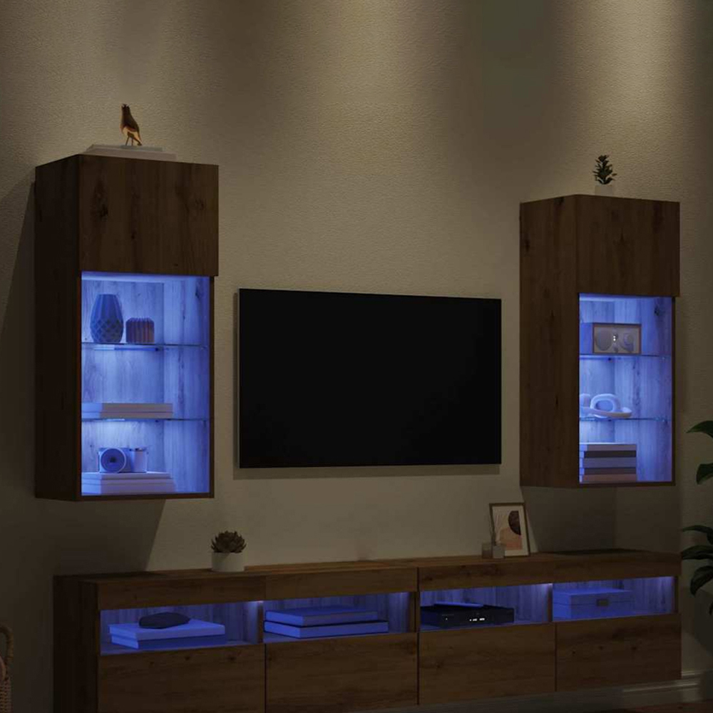 vidaXL Single Door 3 Shelf Artisan Oak Wide Wall Mounted LED TV Unit Set of 2 Image 1