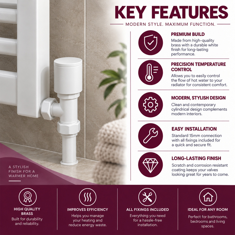 Go Bathrooms White Round Top Angled Radiator Valve Set 15mm Image 5