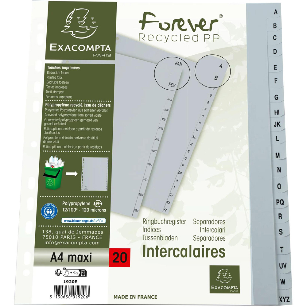 Exacompta A4 Maxi Grey Recycled Polypropylene A-Z Divider 10 Pack Image 5