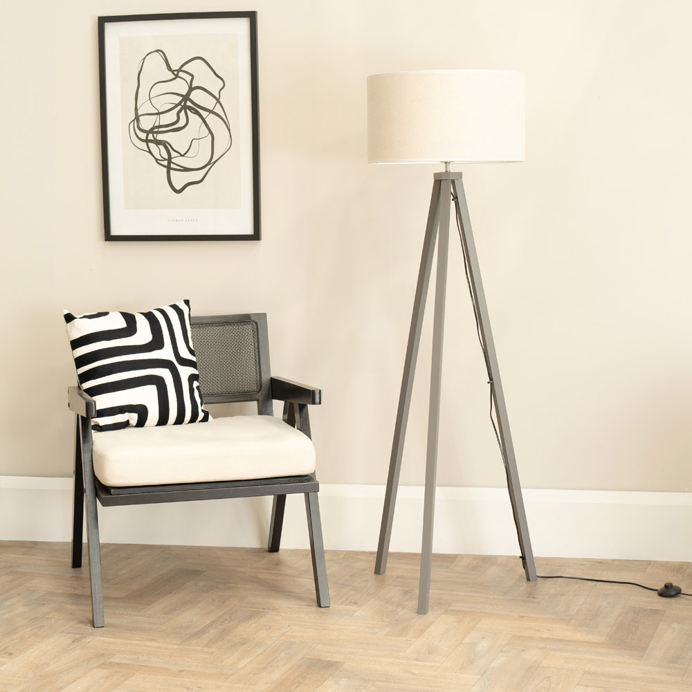 ValueLights Barbro White Trim Drum Shade Grey Tripod Floor Lamp and Bulb Image 3