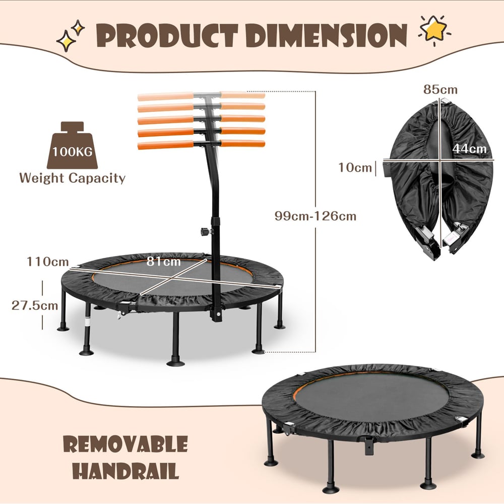 Costway Kids Orange 43 inch Mini Trampoline with Handrail Image 9
