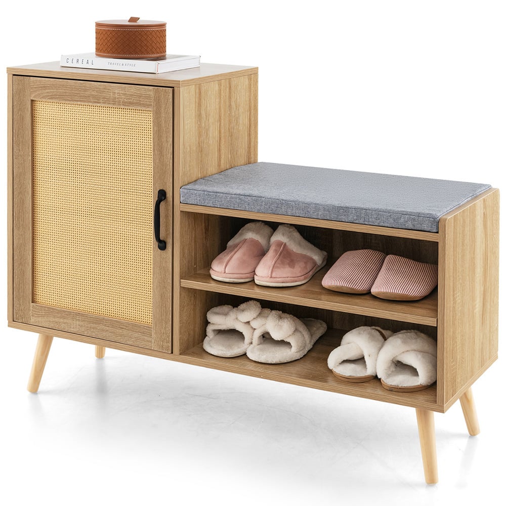 Costway Single Door 2 Shelf Natural Rattan Shoe Cabinet Bench Image 2