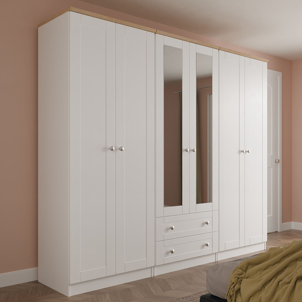 Crowndale Sussex 6 Door 2 Drawer White Ash and Bardolino Oak Tall Mirror Wardrobe Ready Assembled Image 1