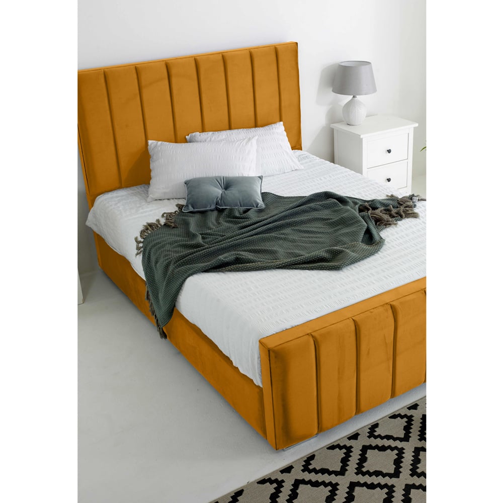 Eleganza Coraline Single Mustard Plush Velvet Bed Frame with Headboard and Footboard Image 2