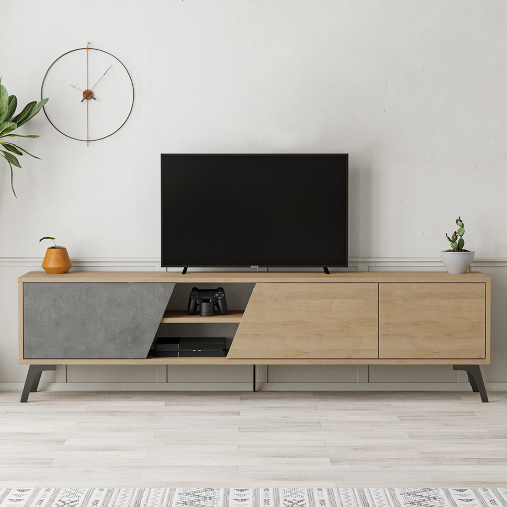Decortie Fiona 3 Door 2 Shelf Retro Grey and Oak TV Unit Image 1