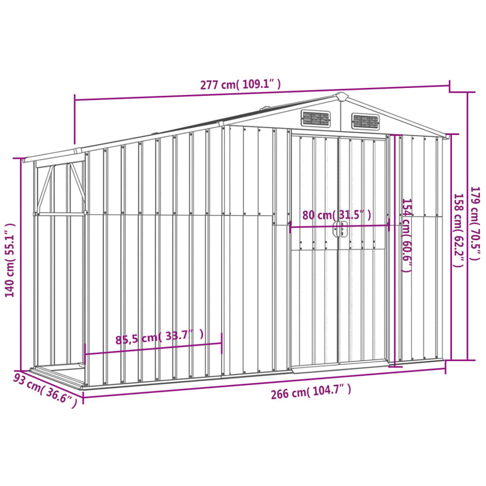 vidaXL 9 x 3ft Green Galvanised Steel Apex Garden Shed with Firewood Stand Image 6
