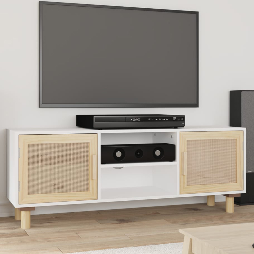 vidaXL 2 Door 2 Shelf White and Natural Rattan TV Cabinet Image 1