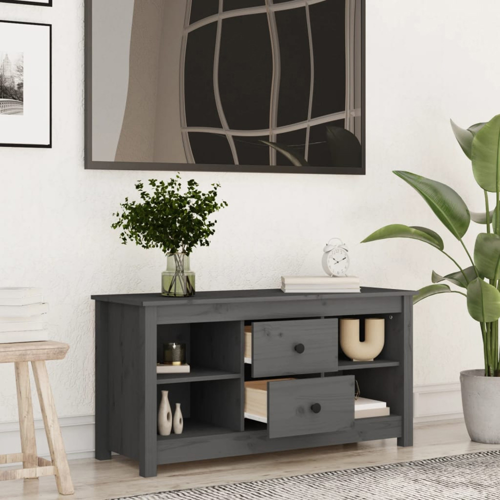 vidaXL 2 Drawer 2 Shelf Grey Solid Pine TV Cabinet Image 8