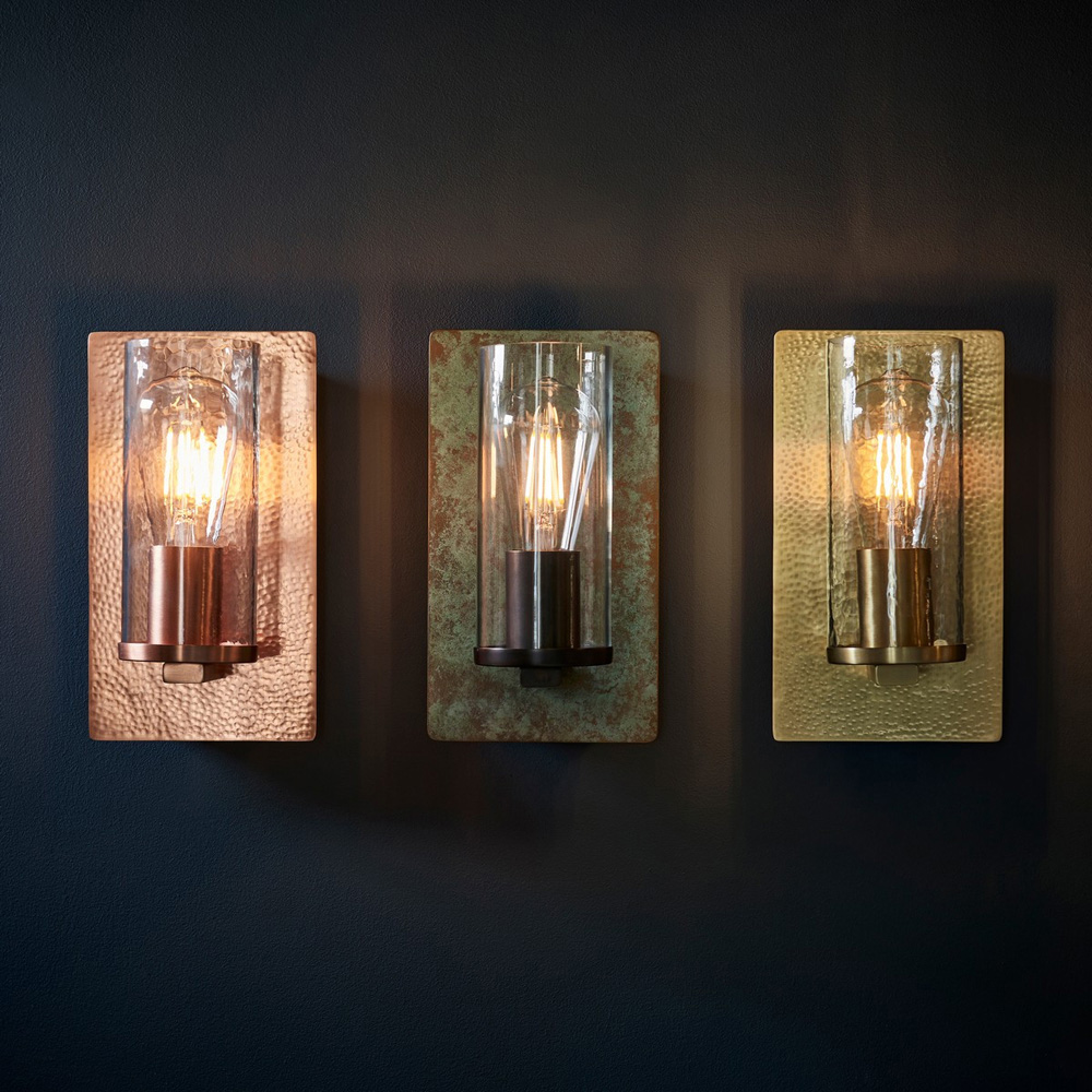 Merano Palermo Hammered Brass Plate with Textured Clear Glass Wall Lamp Image 9