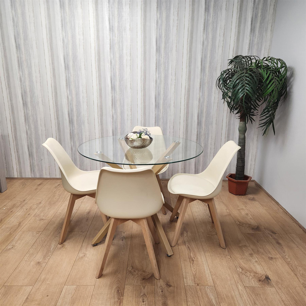 Kosy Koala 4 Seater Glass and Plastic Round Dining Table Set Oak Effect and Cream Image 7