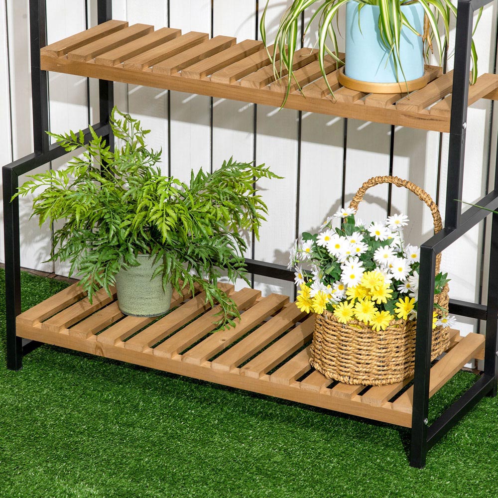 Outsunny 3-Tier Wood and Metal Plant Stand with Top Hooks Image 3