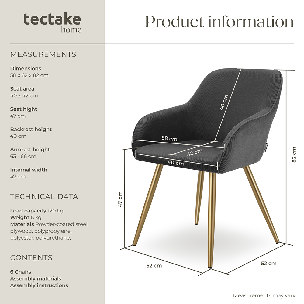 tectake Marilyn Set of 6 Anthracite Gold Corduroy Dining Chair Image 9