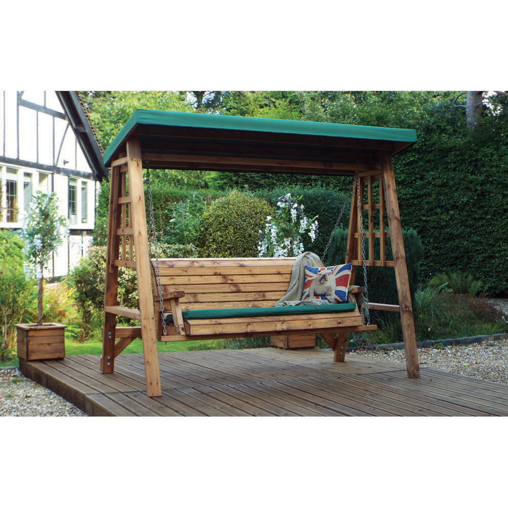 Charles Taylor Dorset 3 Seater Swing with Green Cushions and Roof Cover Image 2