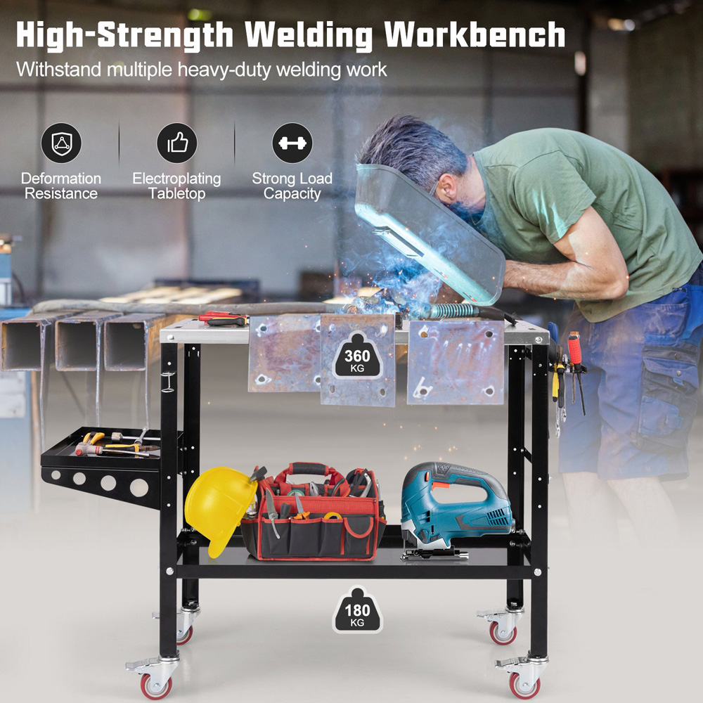 Costway Single Shelf 2 Tray Black Welding Table Workbench with Wheels Image 5