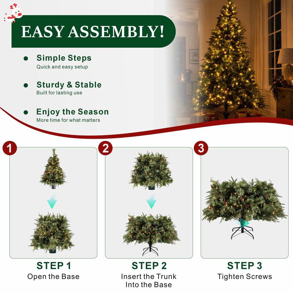 Abrihome 550 Warm White LED Pre-Lit Artificial Christmas Tree with Berries and Pinecones 8.5ft Image 6