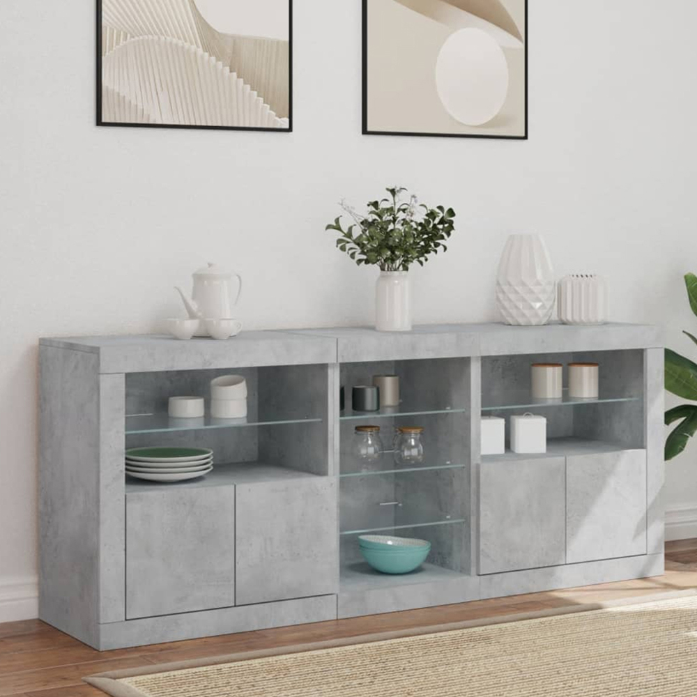 vidaXL Concrete Grey Wooden Sideboard with LED Lights 3 Piece Image 1