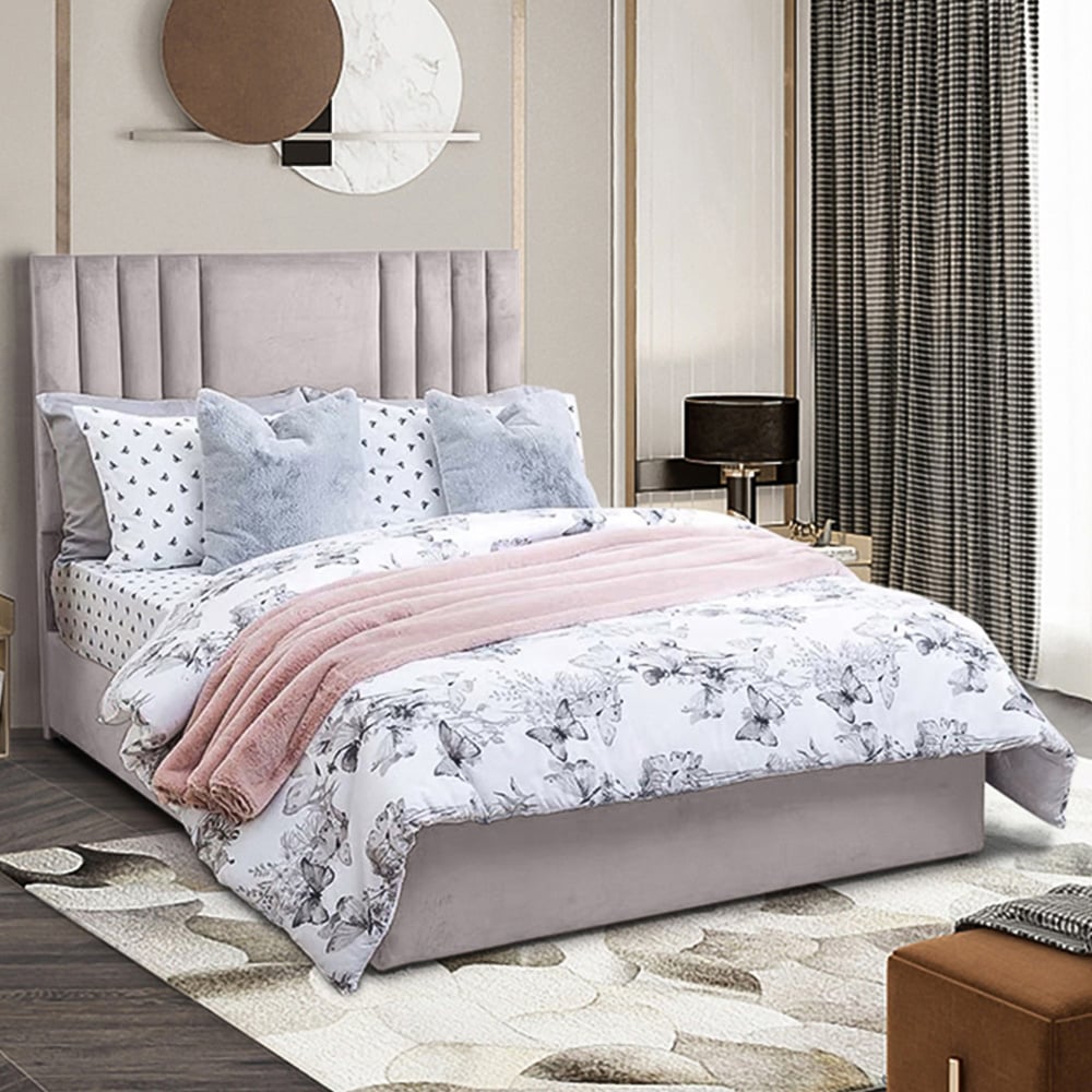 Eleganza Home Dreamer Small Double Silver Plush Divan Bed with Lined Headboard Image 1