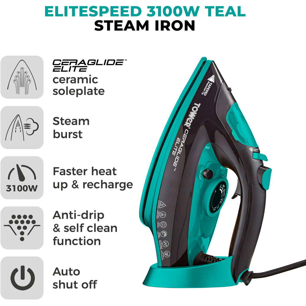 Tower Ceraglide Black and Teal Steam Iron 3100W Image 3