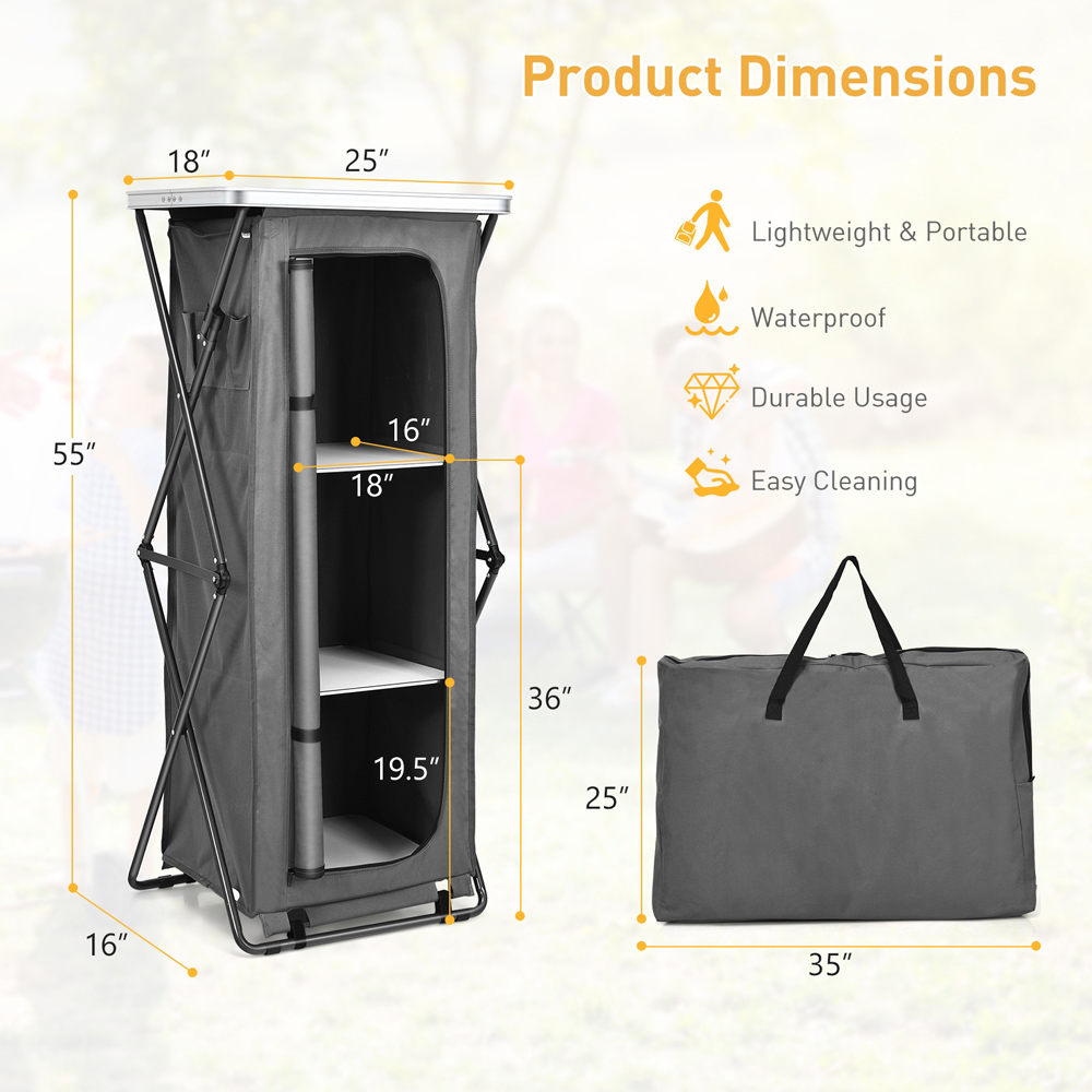 Costway 3 Shelf Grey Foldable Camping Storage Cabinet with Carry Bag Image 9