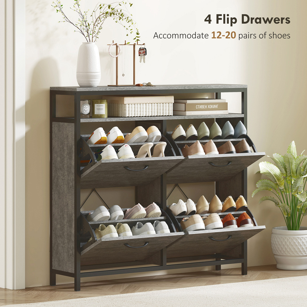 HOMCOM 4 Flip Down Drawer Single Shelf Cement Grey Shoe Cabinet Image 4