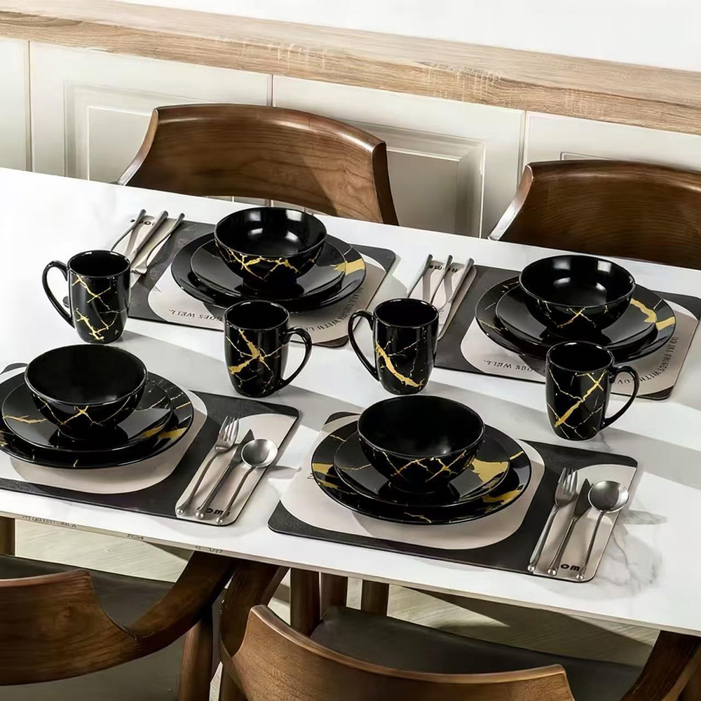 Alivio Black and Gold Marble Scratch Resistant Porcelain 16 Piece Dinner Set Image 2