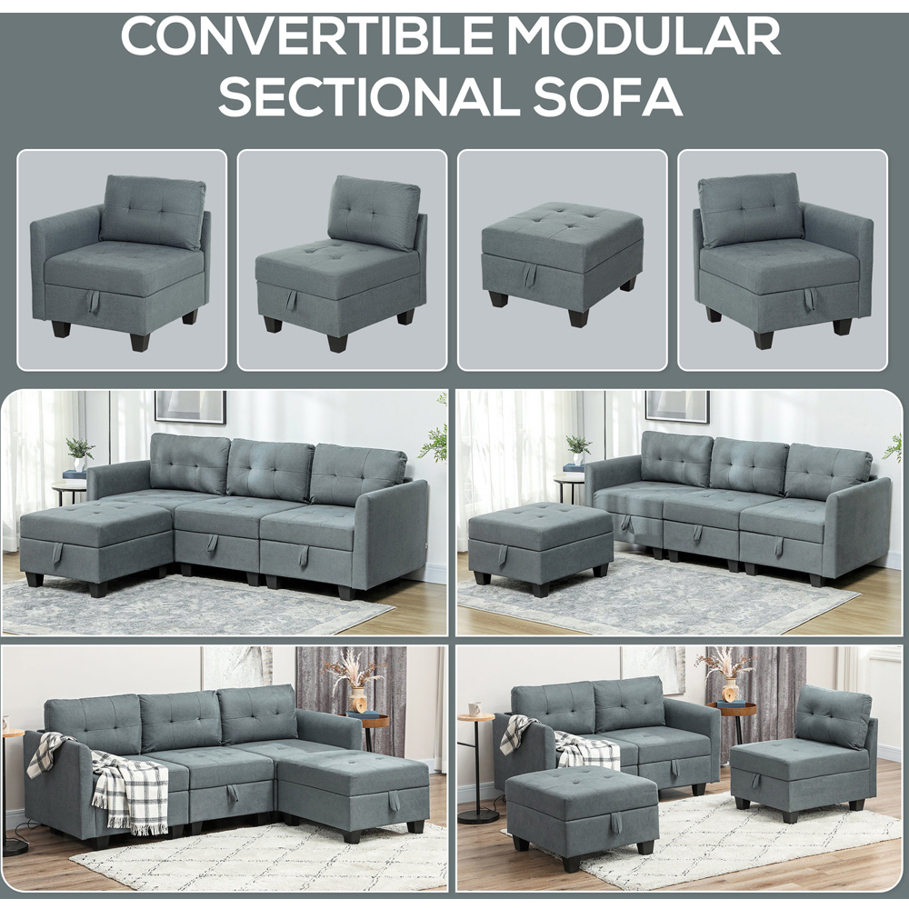 HOMCOM 3 Seater Grey Modular L Shaped Sofa with Storage Image 4