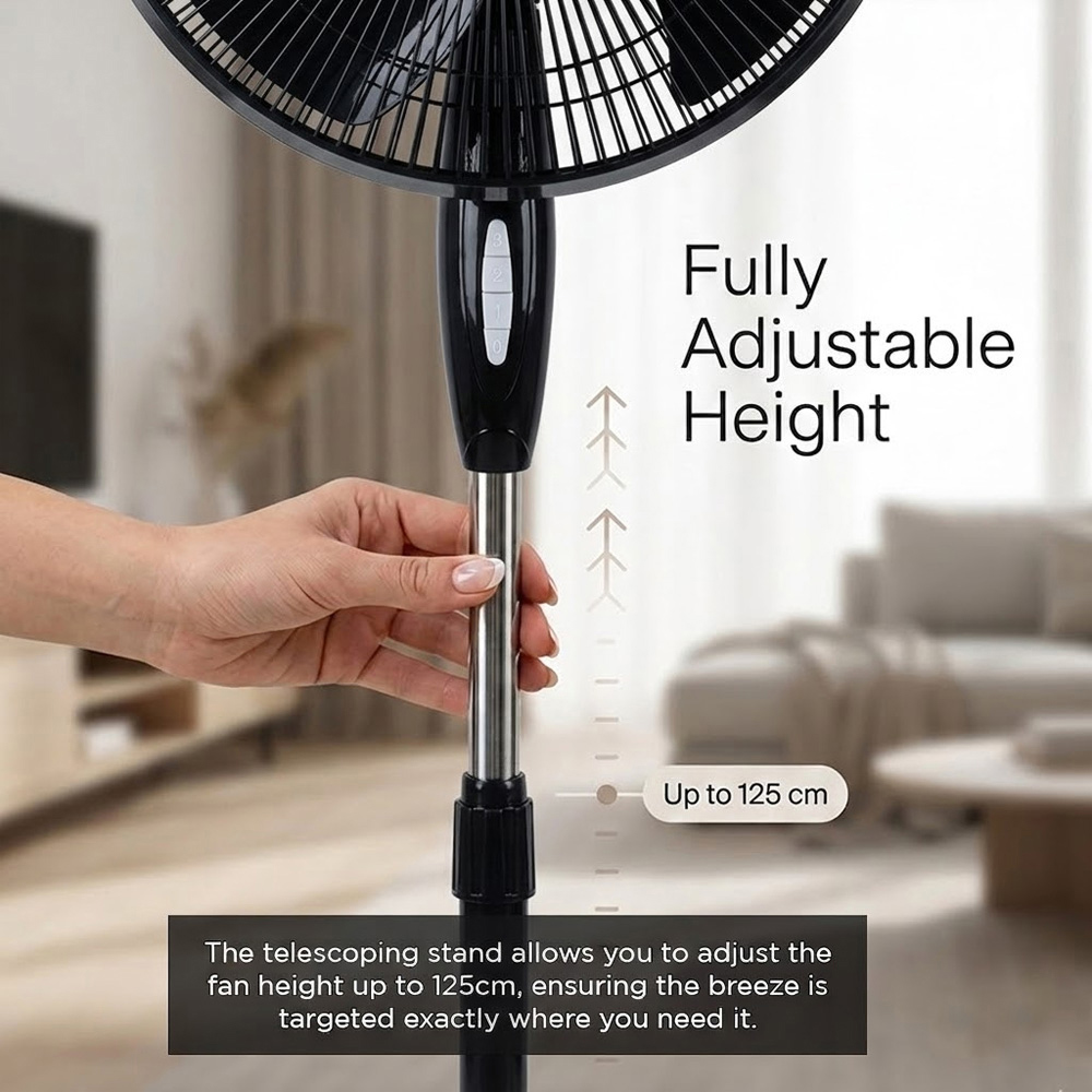 Alivio Black 5 Blade Quiet Adjustable Oscillating Pedestal Floor Fan 45W Image 5