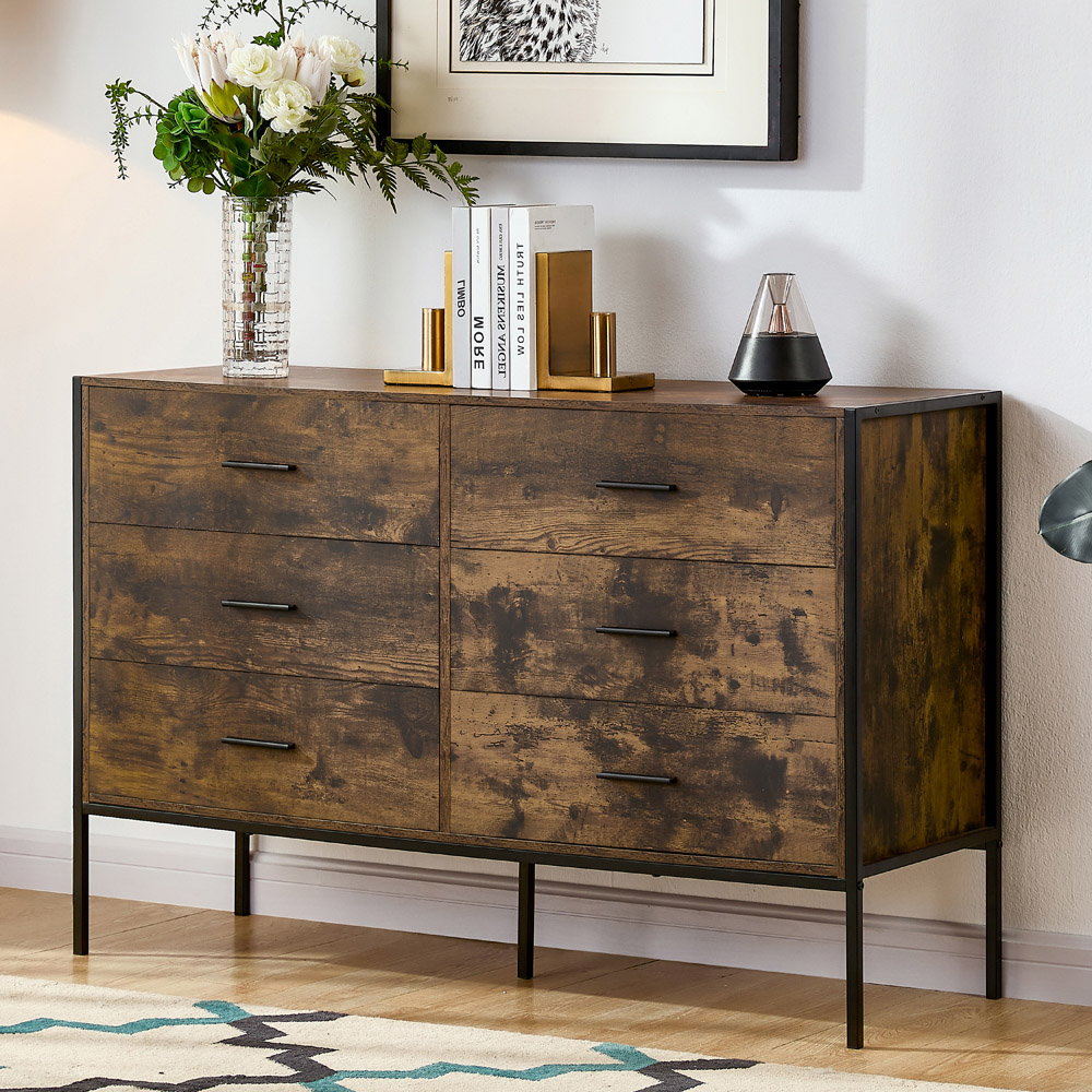 Vida Designs Brooklyn 6 Drawer Dark Wood Rustic Metal Frame Chest of Drawers Image 4