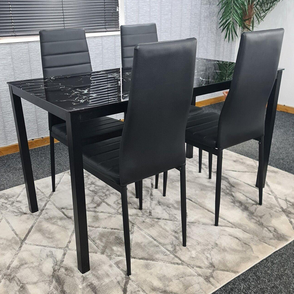 Portland 4 Seater Faux Leather Marble Effect Tabletop Dining Set Black Image 1