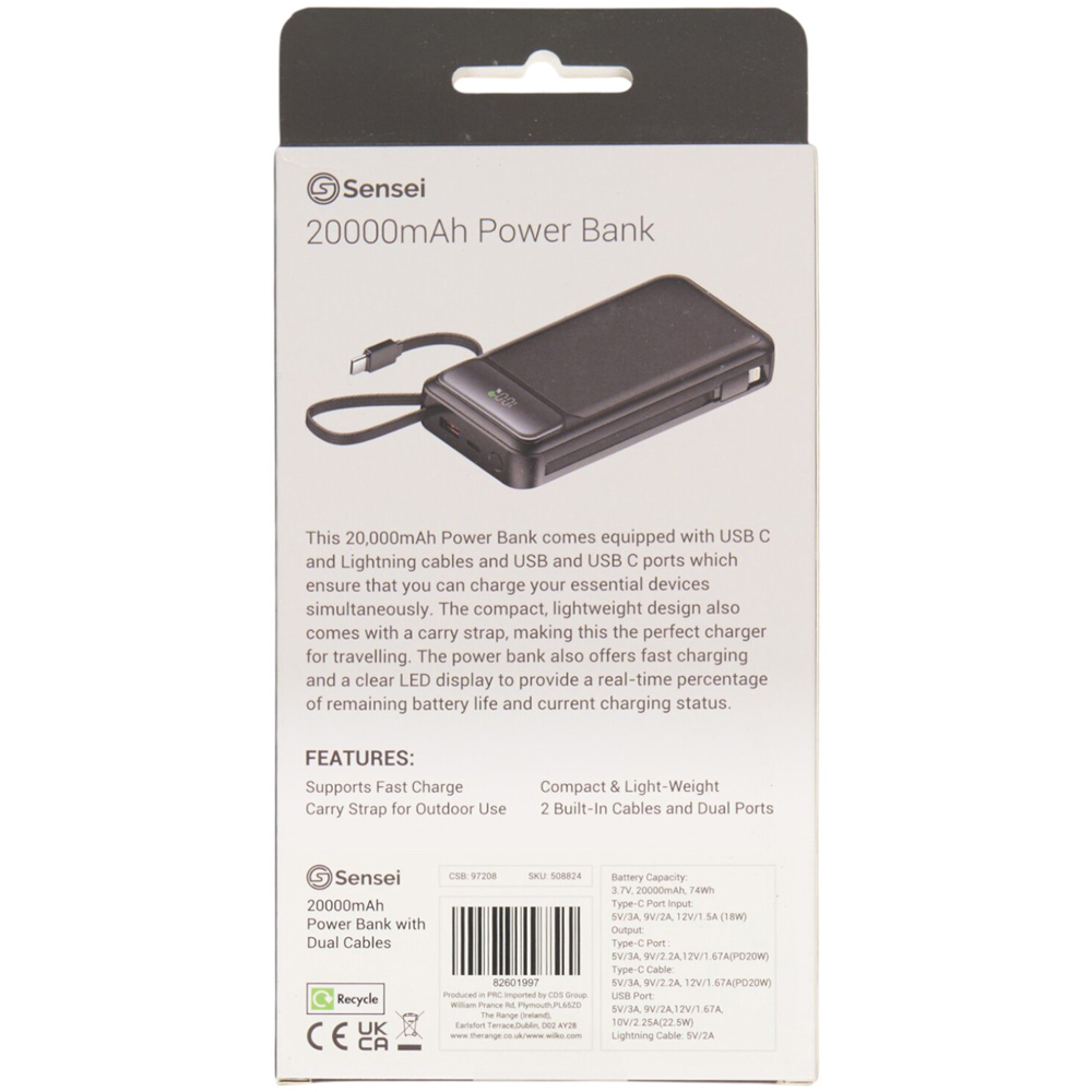 Sensei Power Bank with Dual Cables 20000mAh Black Image 5