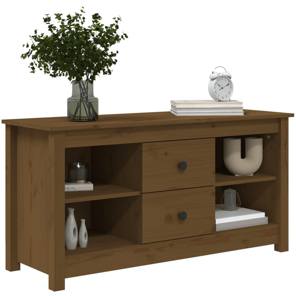 vidaXL 2 Drawer 4 Shelf Honey Brown Solid Pine Wood TV Cabinet Image 7