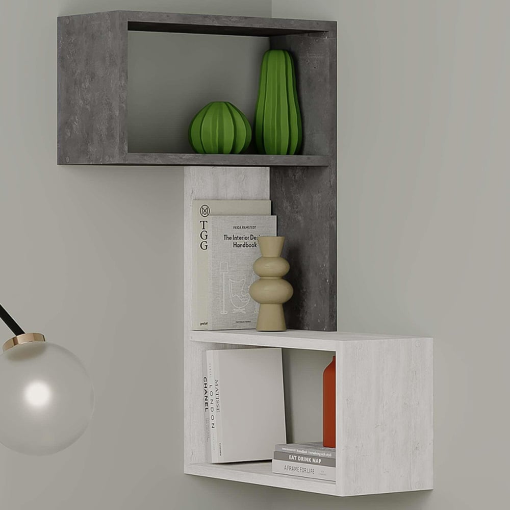 Decortie Part Single Shelf 2 Cube Retro Grey and Ancient White Corner Bookcase Image 1