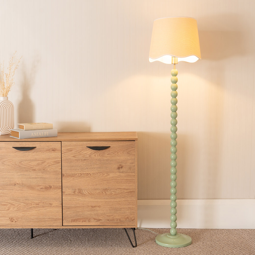 ValueLights Bobbins Linen Scallop White Trim Shade Sage Green LED Floor Lamp Image 2