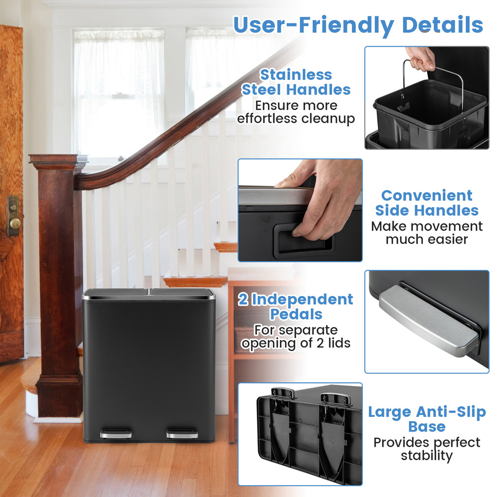 Costway Black Double Recycle Pedal Bin with Removable Compartments 60L Image 6