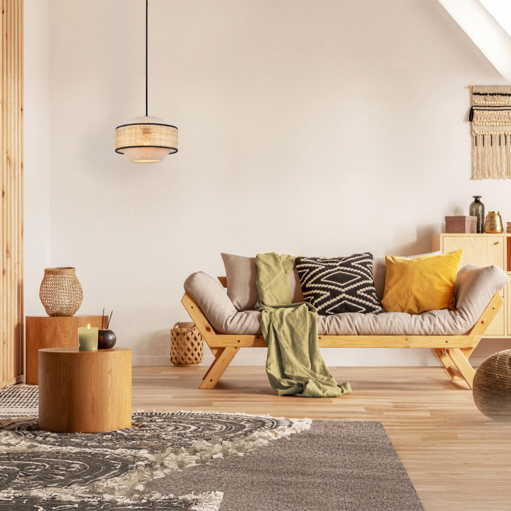 Happy Homewares Natural Linen and Woven Rattan Pendant Ceiling Light Image 2