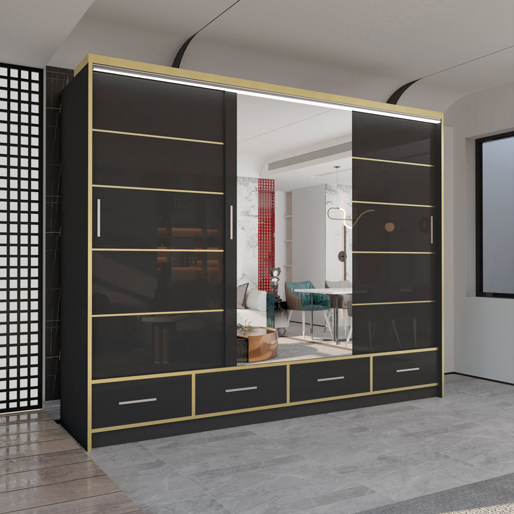 M N Furniture Silora 3 Door 4 Drawer Black and Gold High Gloss Mirrored Sliding Wardrobe 253cm Image 4