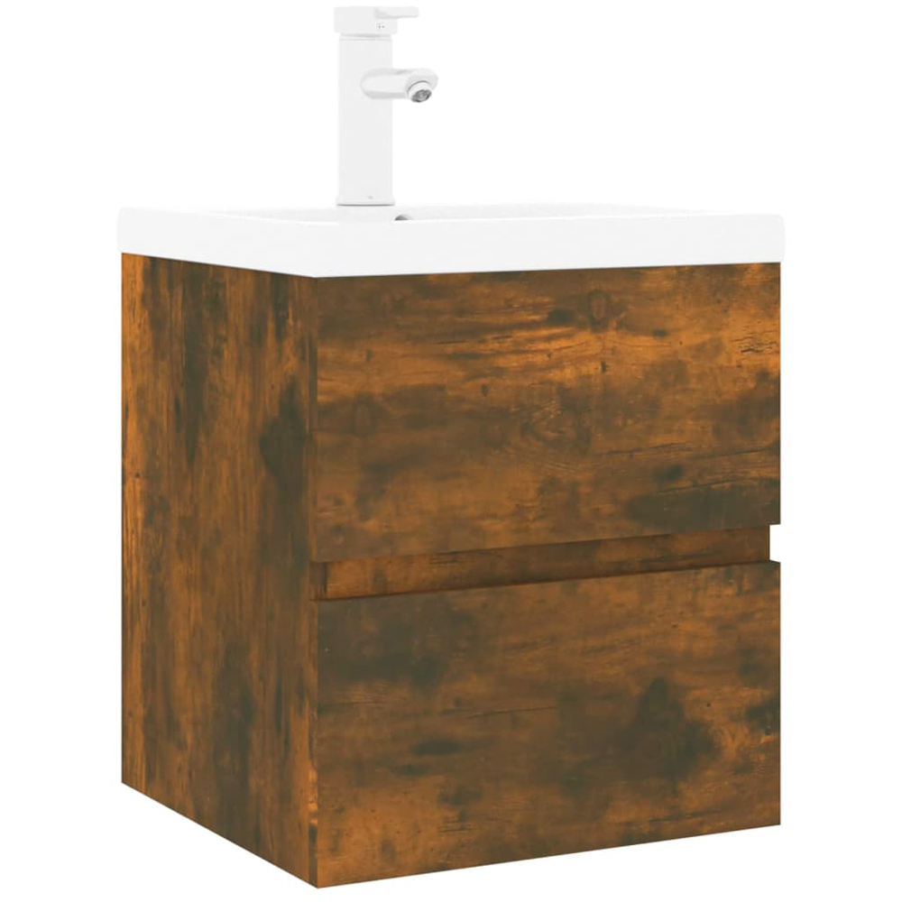 vidaXL Single Drawer Smoked Oak Wooden Wall-Mounted Sink Cabinet with Built-in Basin Image 2
