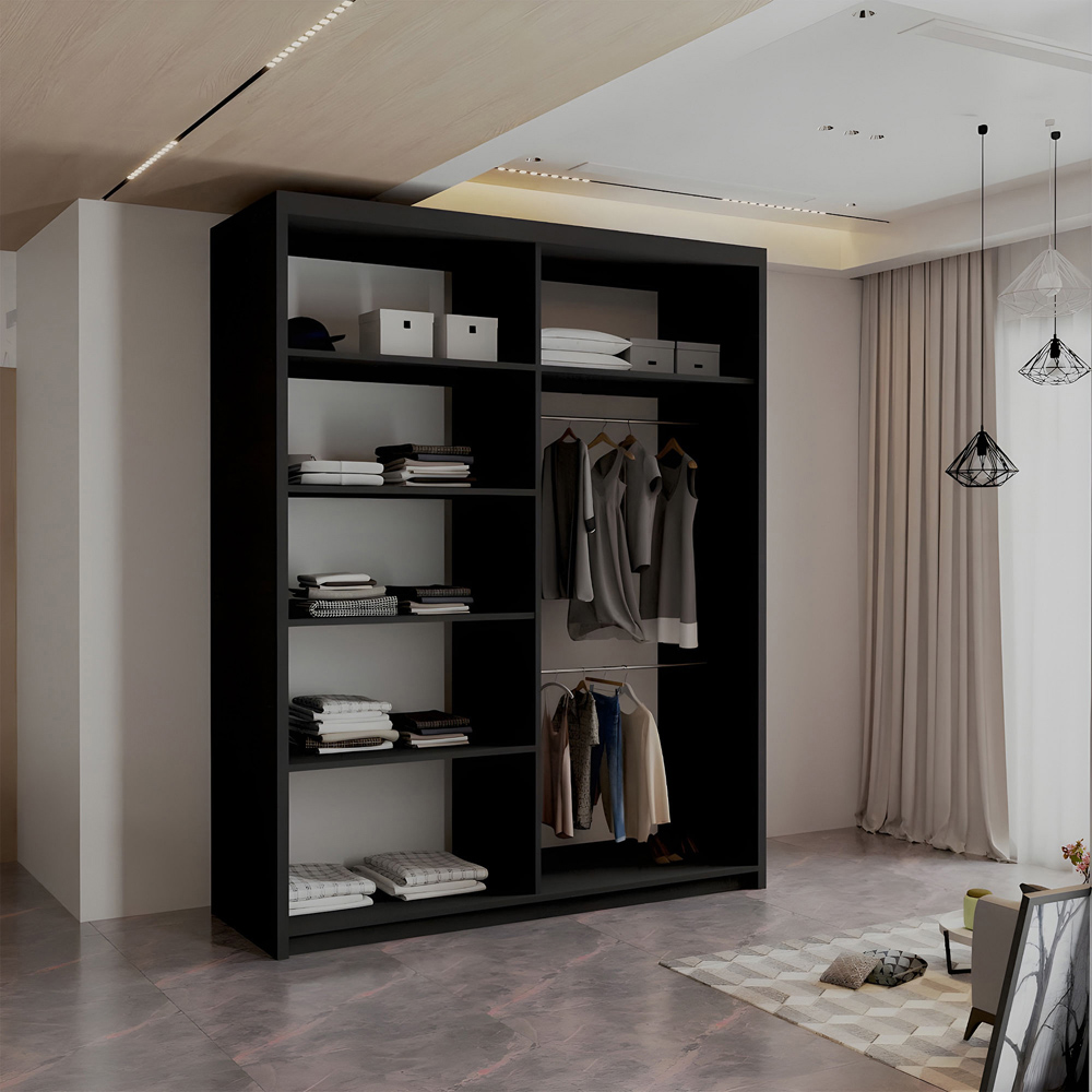 Sliding Wardrobes 4U Royal 2 Door Black Minimalist Mirrored Wardrobe 150cm Image 3