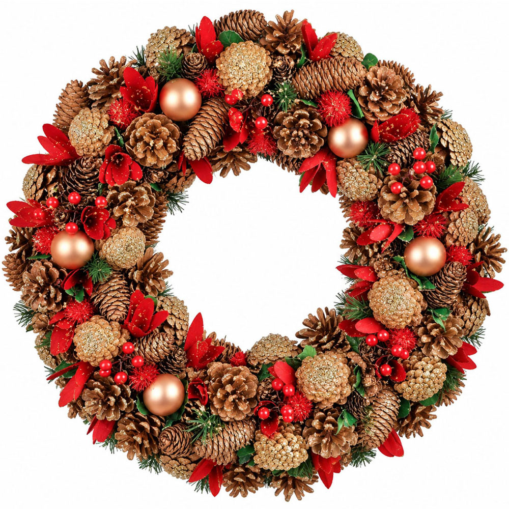Neo Gold and Red Artificial Christmas Wreath with Berries and Pine Cones 50cm Image 1