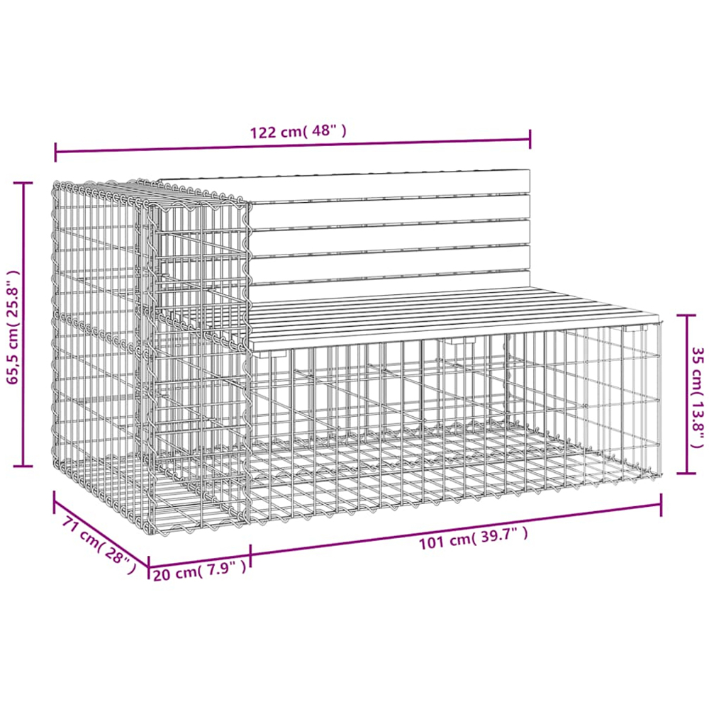 vidaXL Brown Solid Impregnated Pine Wood Gabion Design Garden Bench 122 x 71 x 65.5cm Image 7
